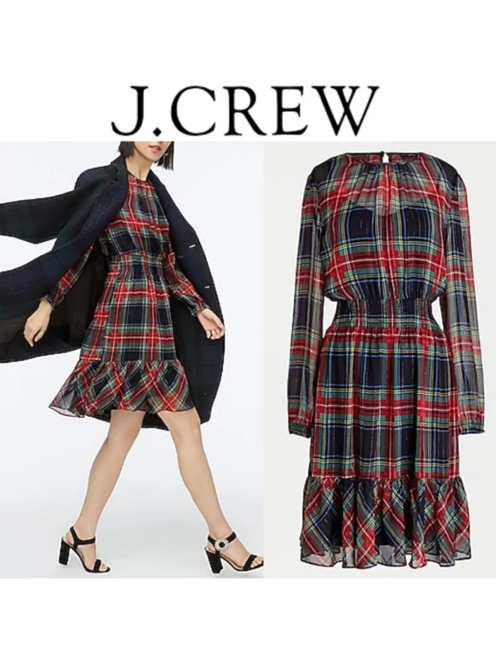 J. Crew Cinched-Waist Stewart Tartan XS Plaid Chiffon Dress Lined Green Red Holi